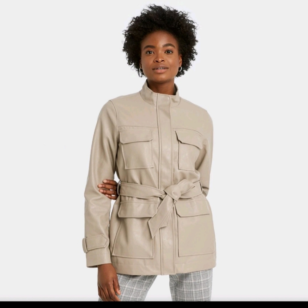 Faux leather belted Anorak jacket tan taupe Womens XXL